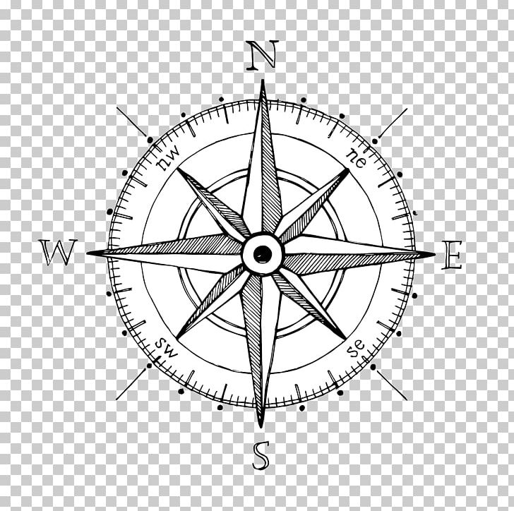 Compass Rose Drawing Hand Compass PNG, Clipart, Angle, Area, Bicycle Part, Bicycle Wheel, Black And White Free PNG Download