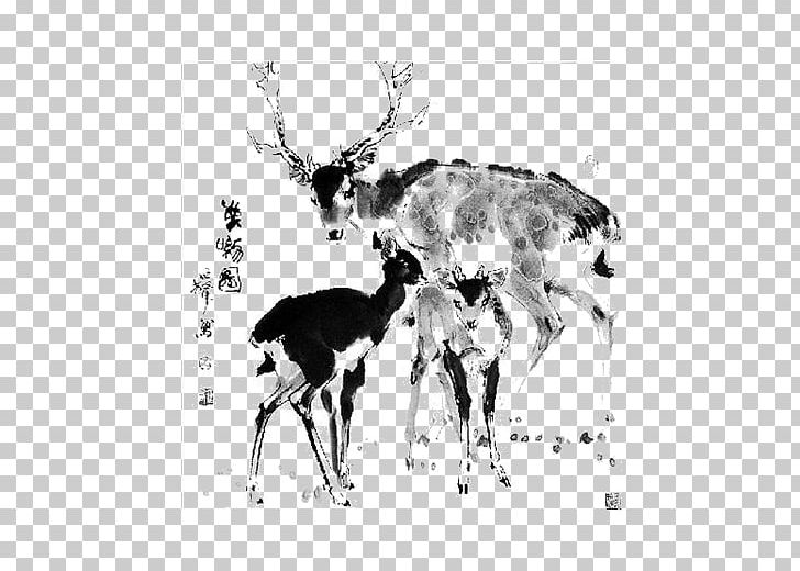 Reindeer Chinese Painting Ink Wash Painting PNG, Clipart, Animals, Antelope, Antler, Black And White, Brush Free PNG Download
