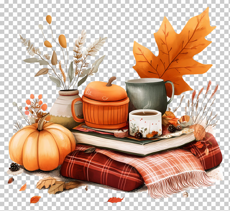 Cozy Fall - Autumn Decor With Pumpkin And Leaves PNG
