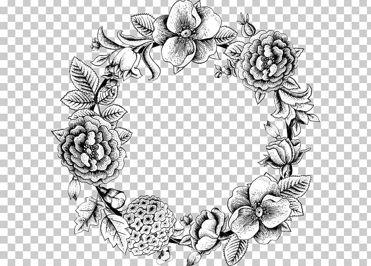 Flower Wreath Drawing Garland Rose PNG, Clipart, Art, Artwork, Black And White, Blume, Coloring Book Free PNG Download