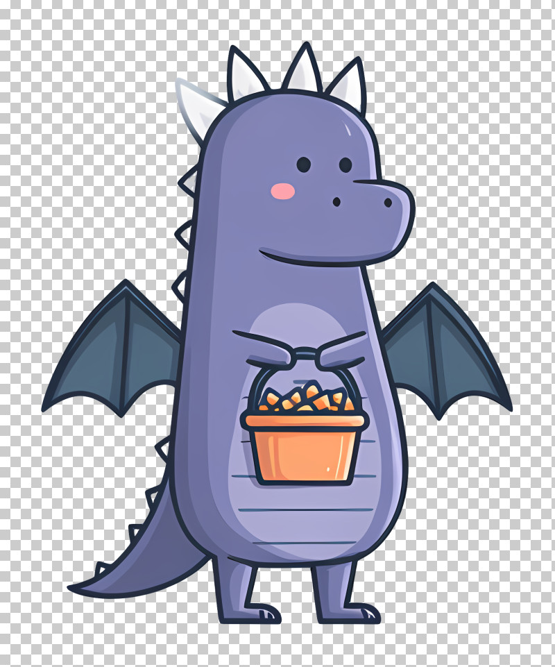 Dragon Holding Halloween Bucket - Cartoon Dragon With Candy Bucket PNG