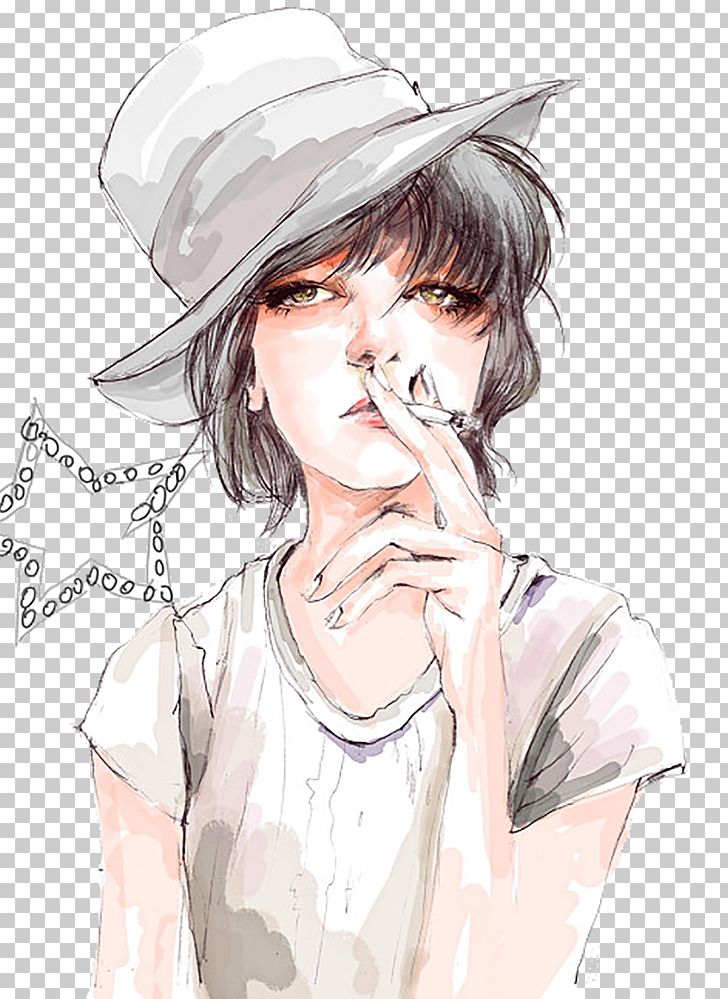 Hand-painted Smoking Lady PNG, Clipart, Anime, Black Hair, Cartoon, Cg Artwork, Fashion Illustration Free PNG Download