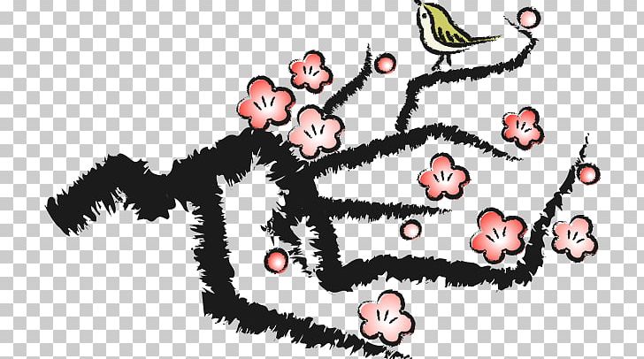 Illustration Ink Brush Plum Blossom Ink Wash Painting Japanese Bush Warbler PNG, Clipart, Art, Branch, Cat, Christmas, Fictional Character Free PNG Download