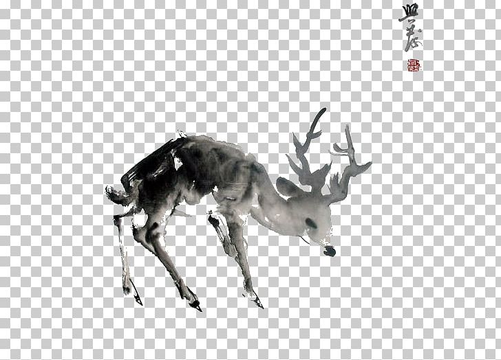 Red Deer Moose Ink Wash Painting PNG, Clipart, Animals, Antler, Bow, Deer, Download Free PNG Download