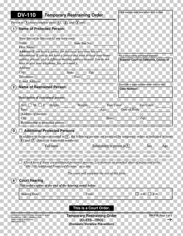 Restraining Order Template Form Domestic Violence California PNG, Clipart, Area, Arrest, Ban, Black And White, California Free PNG Download