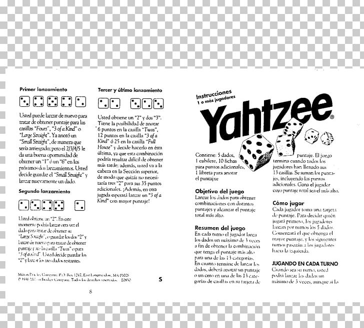 Yahtzee Farkle Game Milton Bradley Company Playing Card PNG, Clipart, Black And White, Brand, Computer, Dice, Dice Game Free PNG Download
