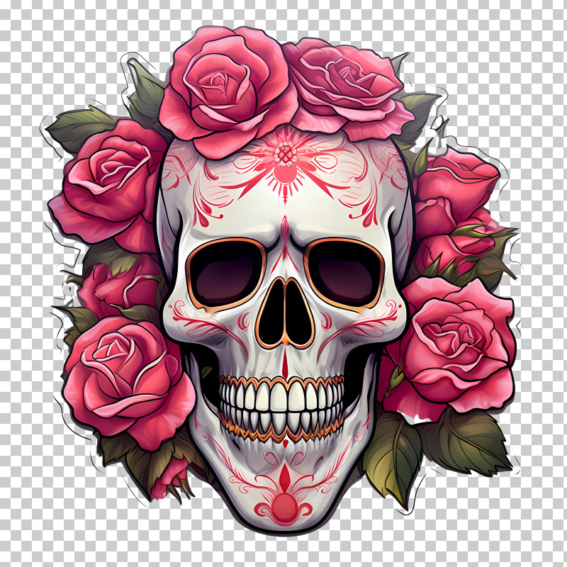 Skull Rose - Sugar Skull With Roses For Day Of The Dead PNG