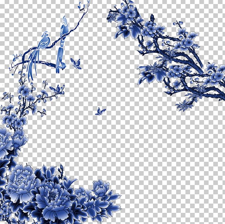Blue And White Pottery Porcelain Computer File PNG, Clipart, Birdandflower Painting, Blue, Blue And White Flowers, Blue Vector, Branch Free PNG Download