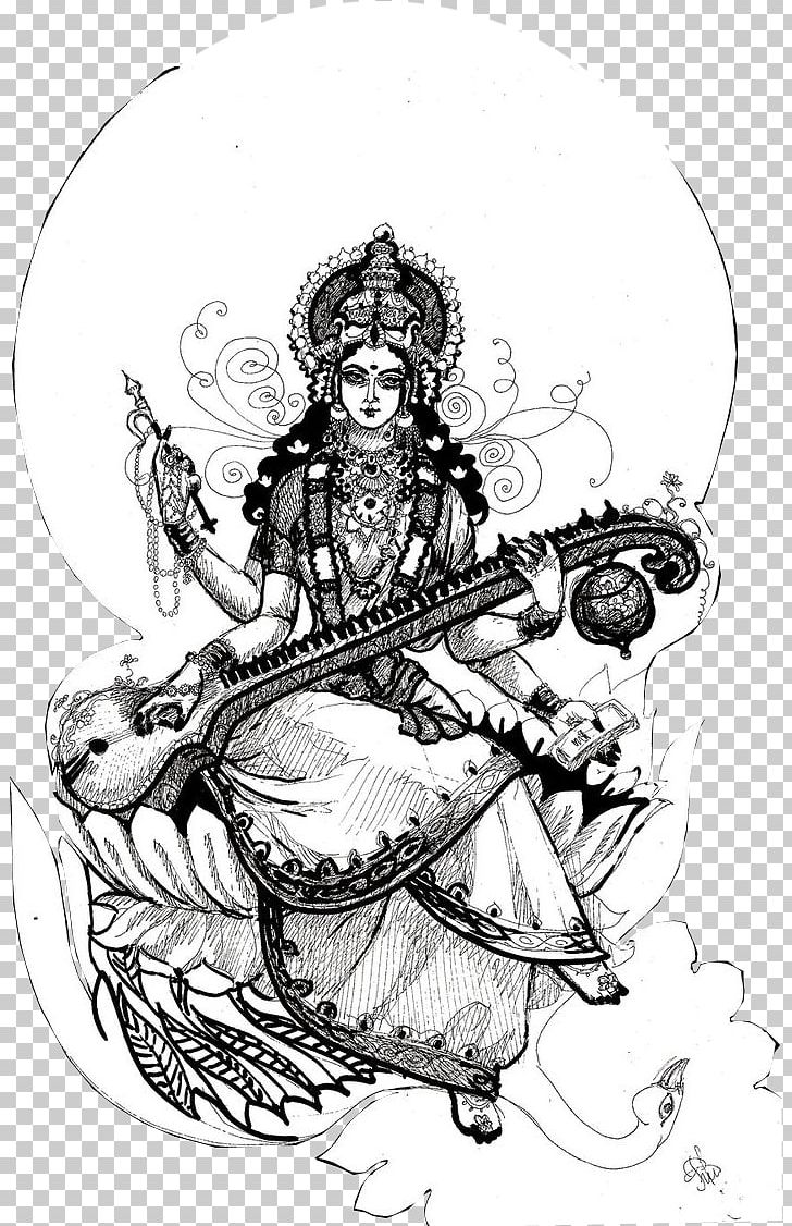 Sarasvati River Rigveda Saraswati Goddess Basant Panchami PNG, Clipart, Artwork, Black And White, Comics Artist, Costume Design, Devi Free PNG Download