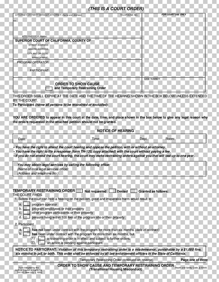 Document Civil Harassment Restraining Order Court Order To Show Cause PNG, Clipart, Area, Black And White, California, Com, Contract Free PNG Download