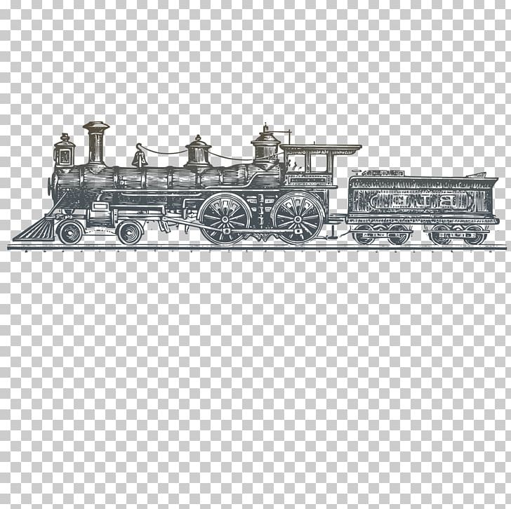Train Rail Transport Steam Locomotive Wall Decal PNG, Clipart, Angle, Black And White, Cartoon, Decal, Line Free PNG Download