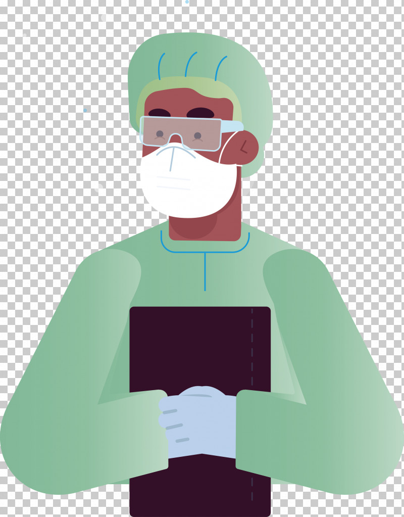 Facial Hair Cartoon Character Green Outerwear PNG, Clipart, Behavior, Cartoon, Character, Character Created By, Doctor With Mask Cartoon Free PNG Download
