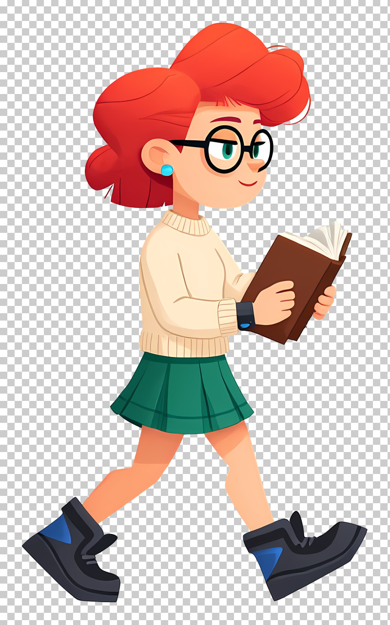 Cartoon Woman Walking - Red-Haired Girl Reading While Walking PNG