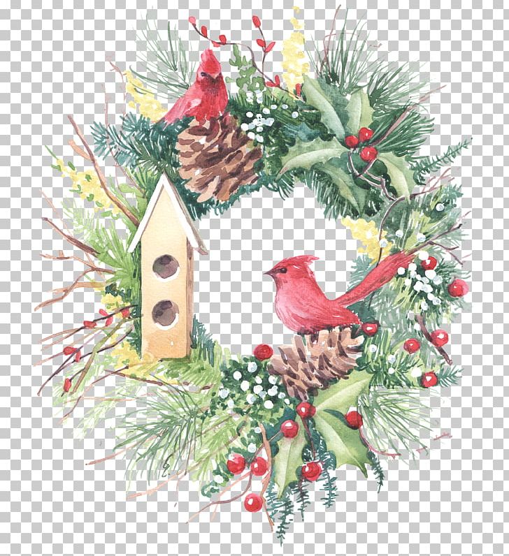 Wreath Christmas Ornament Watercolor Painting PNG, Clipart, Bird, Bird Nest, Branch, Cardinal, Christmas Free PNG Download