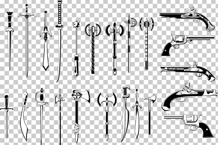 Knife Weapon Sword Firearm Revolver PNG, Clipart, Ancient Weapons, Angle, Arms, Battle Axe, Black And White Free PNG Download