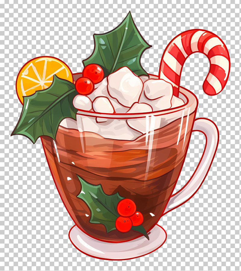 Stripe On It - Festive Hot Chocolate With Candy Cane And Holly Decorations PNG