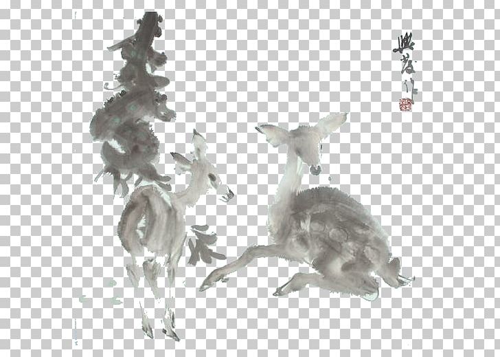 Reindeer Ink Wash Painting PNG, Clipart, Animals, Black And White, Chinese, Chinese Painting Deer, Deer Free PNG Download