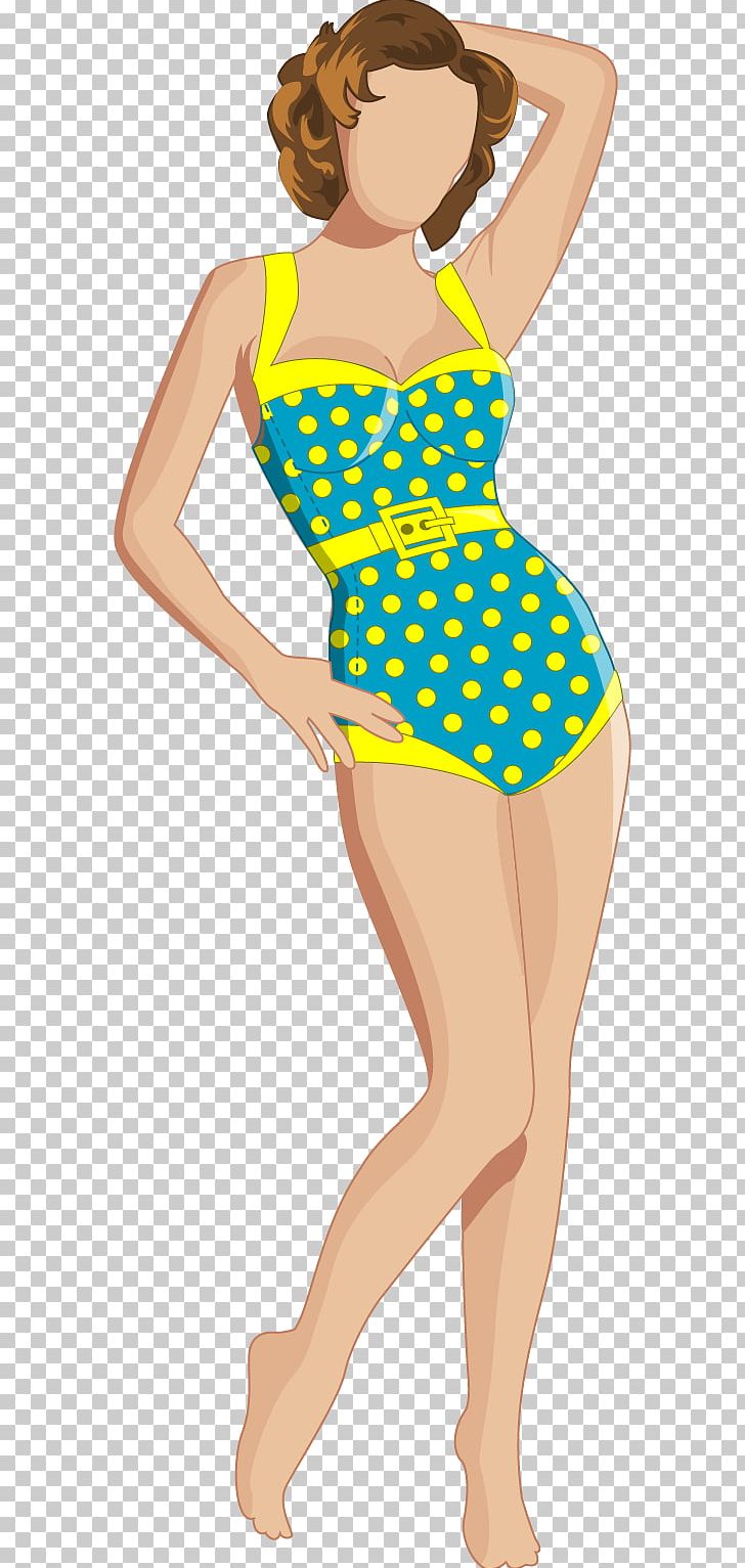 Dress Polka Dot One-piece Swimsuit Art PNG, Clipart, Abdomen, Arm, Art, Bikini, Cartoon Free PNG Download