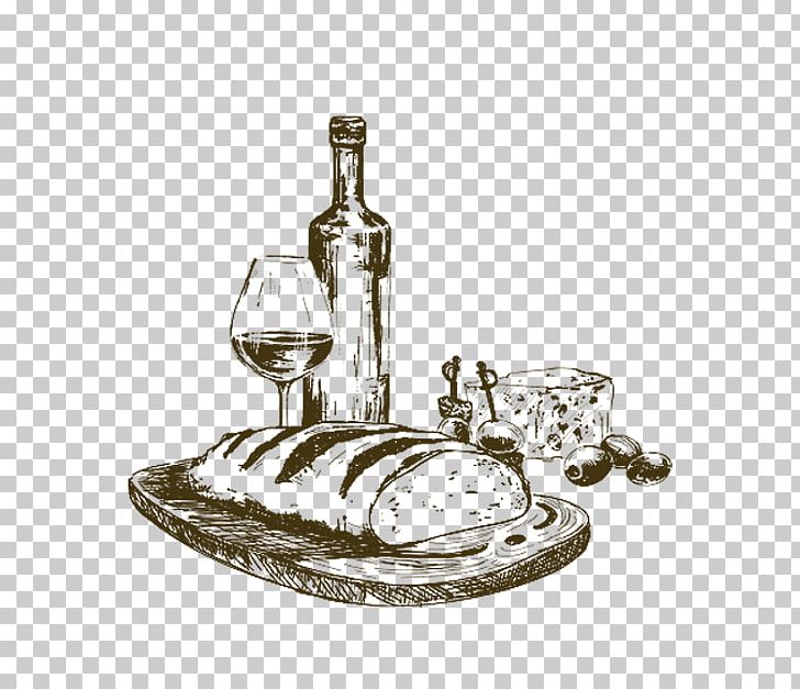 White Wine French Cuisine Drawing PNG, Clipart, Barware, Black And White, Bottle, Bread, Cheese Free PNG Download