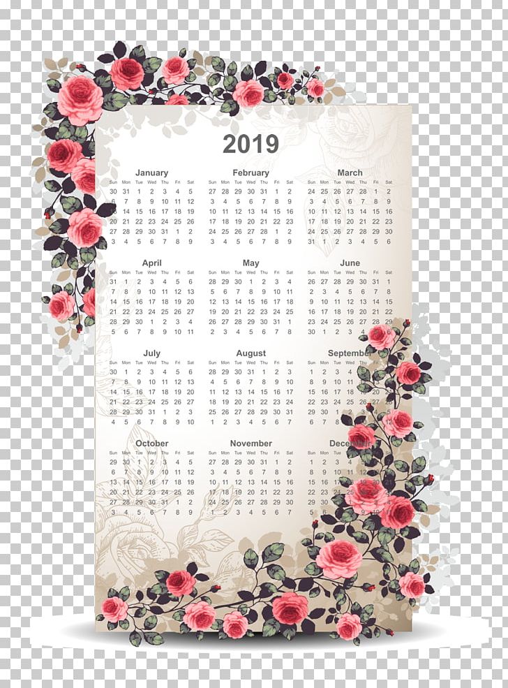 2019 Calendar Printable USA With Flower Boarder.pn PNG, Clipart, Calendar, Decorative Arts, Desktop Wallpaper, Drawing, Floral Design Free PNG Download