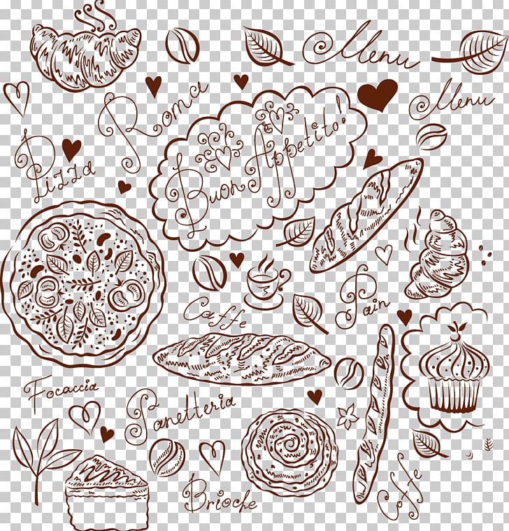 Coffee Cafe Hot Dog Pizza PNG, Clipart, Artwork, Black And White, Circle, Coffee Pattern, Dessert Free PNG Download