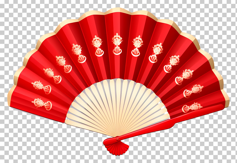 Flat Chinese New Year Fan - Red Decorative Folding Fan With Oriental Design PNG