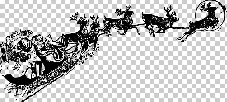 Santa Claus Reindeer Sled Christmas PNG, Clipart, Art, Artwork, Black And White, Christmas, Christmas Eve Free PNG Download