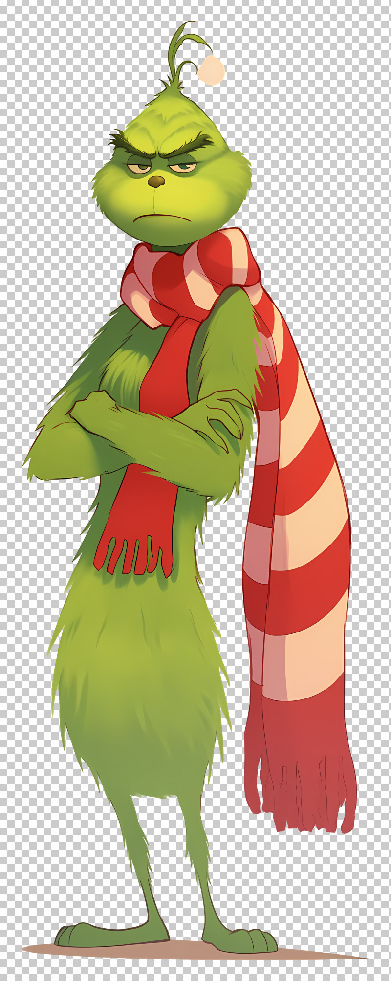 Cartoon Grinch - Green Grumpy Character In Striped Holiday Scarf PNG