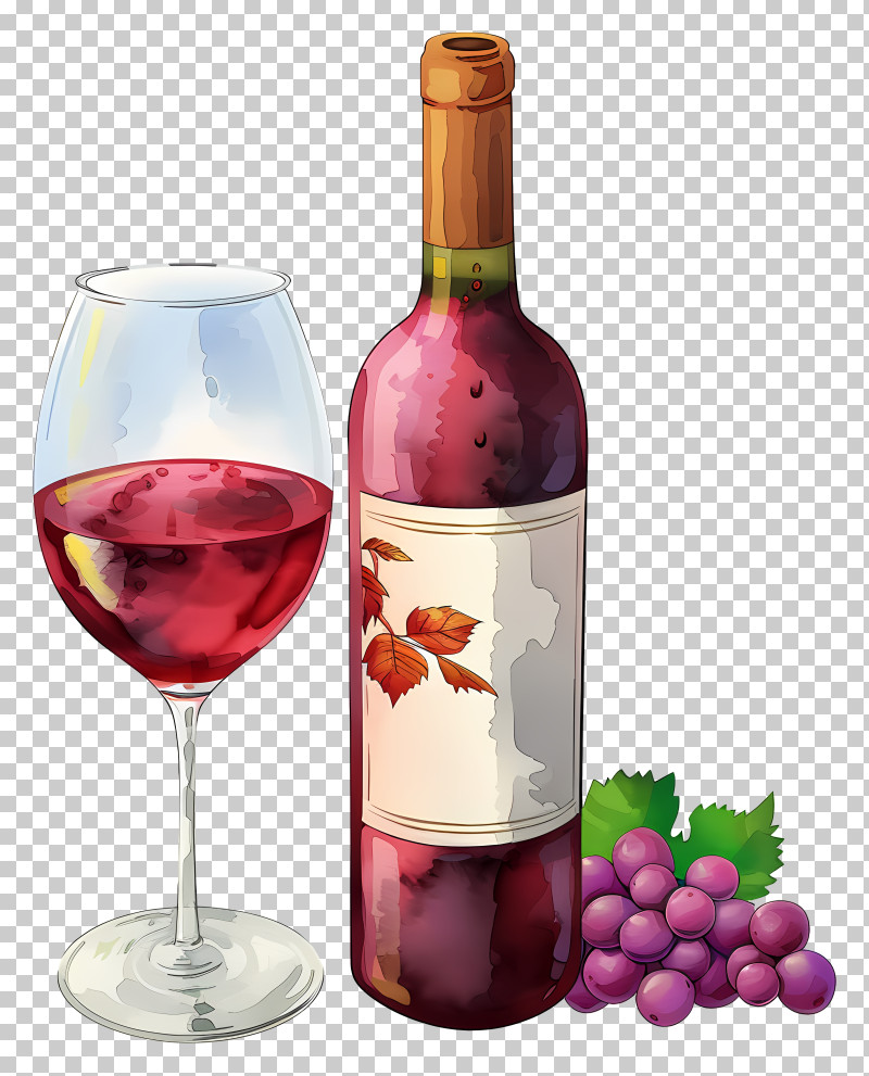 Watercolor Style Bottle With Red Wine And Glass - Wine Bottle With Glass And Grapes PNG