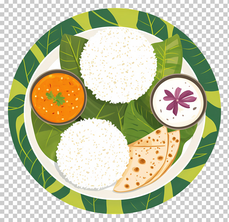 Indian Thali - Illustration Of Traditional Indian Meal On Banana Leaf PNG