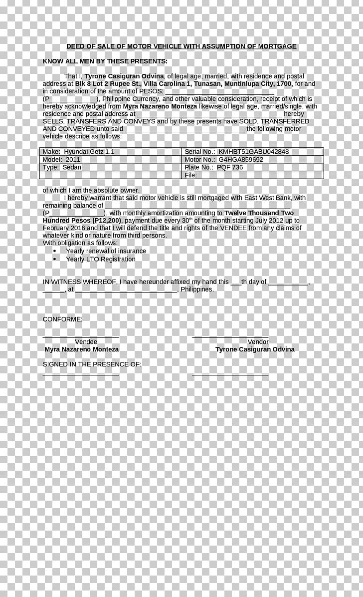 Car Document Motor Vehicle Mortgage Assumption Form PNG, Clipart, Area, Bill Of Sale, Car, Contract, Cover Letter Free PNG Download