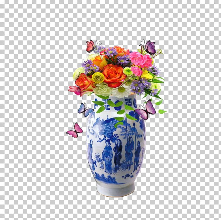 Vase Blue And White Pottery Floral Design Porcelain PNG, Clipart, Artificial Flower, Blue And White, Blue And White Pottery, Butterfly, Color Flowers Free PNG Download