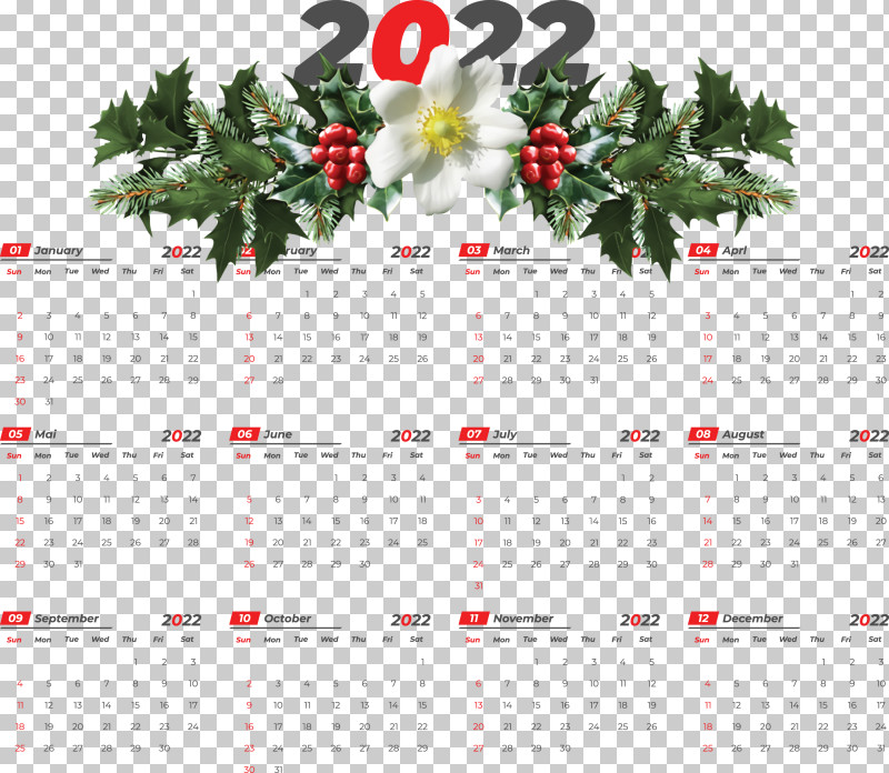 2022 Printable Yearly Calendar 2022 Calendar PNG, Clipart, Christmas Day, Common Holly, Holly, Mistletoe, Painting Free PNG Download