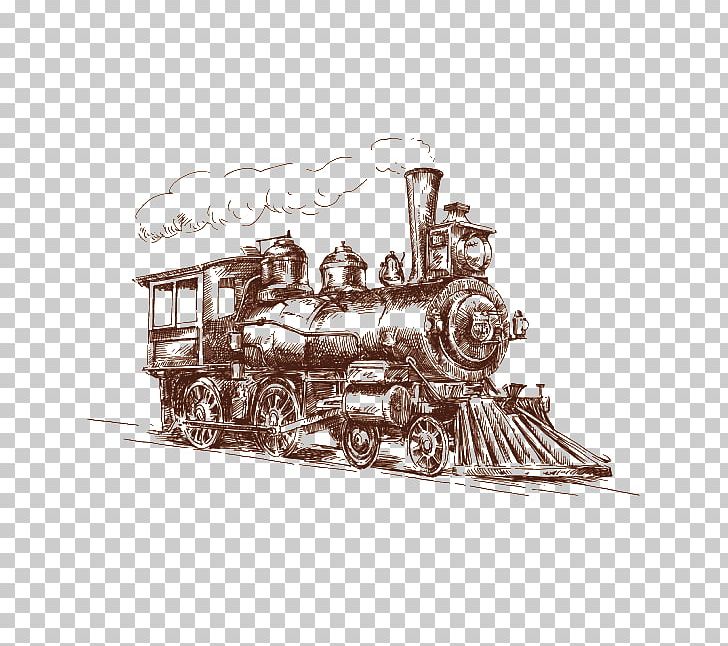 Train Rail Transport Steam Locomotive Drawing PNG, Clipart, Black And White, Drawing, Handpainted, Handpainted Train, Locomotive Free PNG Download