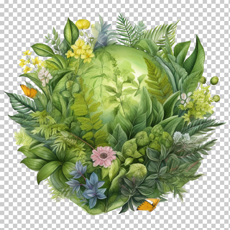 Green Planet - Lush Green Globe With Plants And Flowers PNG